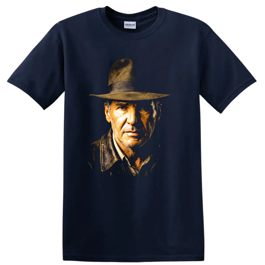 Indiana Jones vintage cinematic portrait wearing a fedora on a Navy (Blue) T Shirt