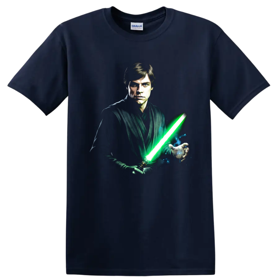 Luke Skywalker Jedi portrait with glowing green lightsaber graphic on a Navy (Blue) T Shirt