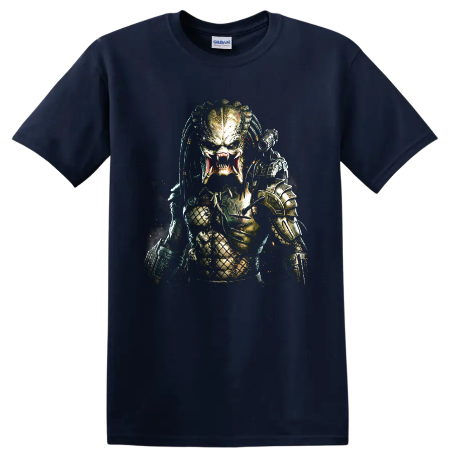 Predator alien hunter graphic print with armor and fangs on a Navy (Blue) T Shirt
