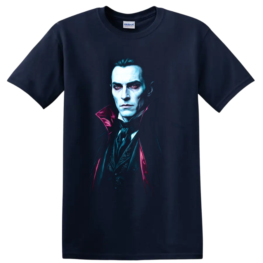 Bela Lugosi as Dracula in a gothic vampire portrait with red eyes on a Navy (Blue) T Shirt
