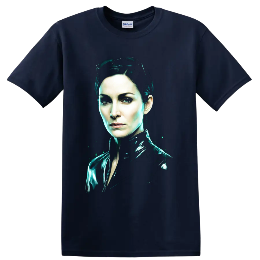 Trinity from The Matrix neon cyberpunk portrait on a Navy (Blue) T Shirt