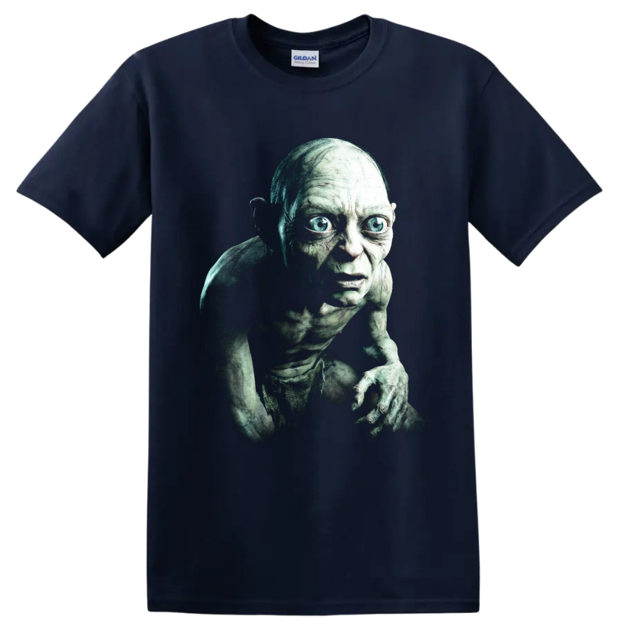 Gollum crouching dark fantasy character graphic print on a Navy (Blue) T Shirt