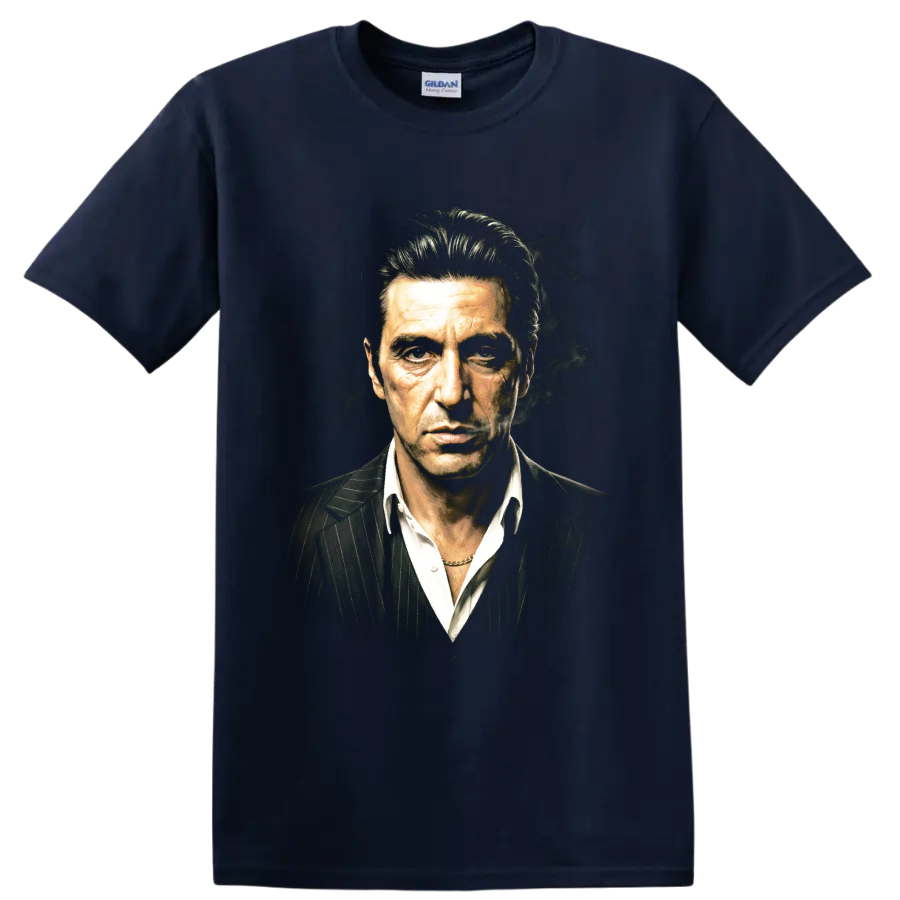 Michael Corleone portrait in a pinstripe suit with smoky cinematic styling on a Navy (Blue) T Shirt