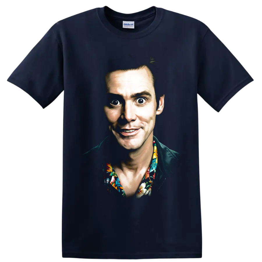 Ace Ventura character portrait graphic print with tropical floral collar on a Navy (Blue) T Shirt
