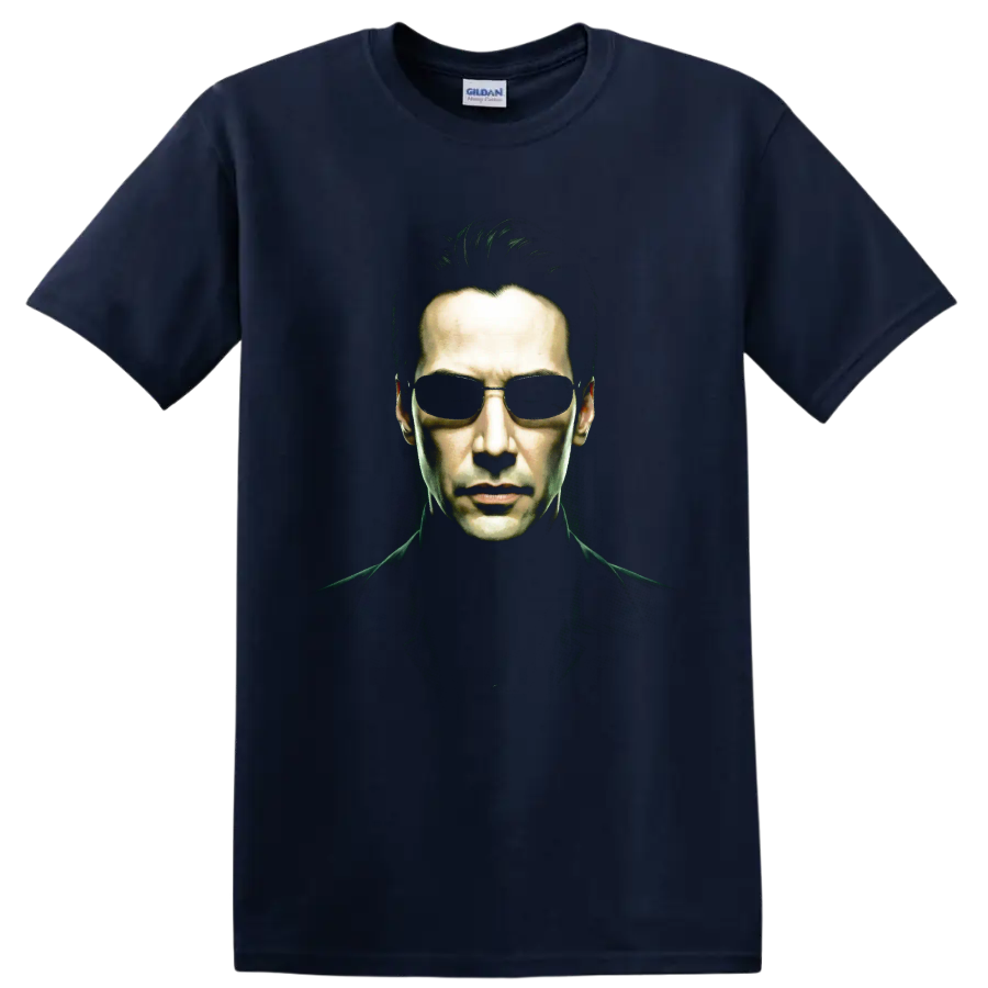 Neo from The Matrix in sunglasses, dramatic green-lit cyberpunk portrait on a Navy (Blue) T Shirt