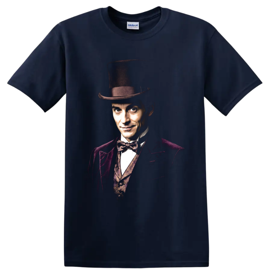 Robert Angier The Prestige magician portrait with top hat on a Navy (Blue) T Shirt