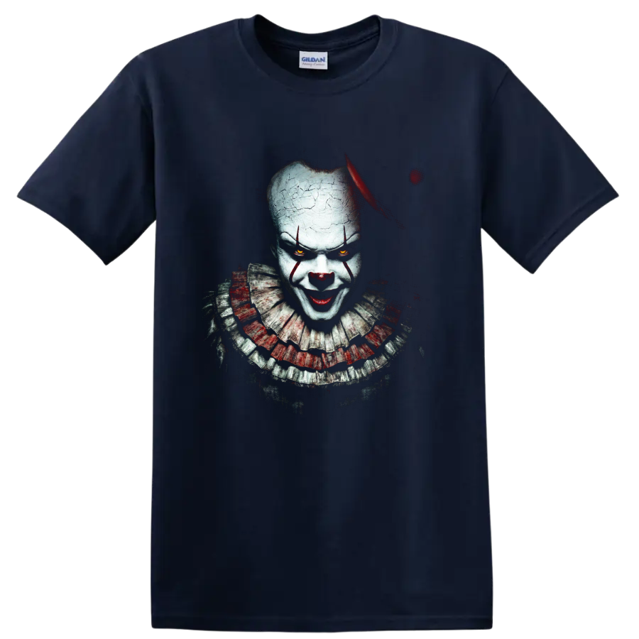Pennywise horror clown portrait with cracked makeup and glowing eyes on a Navy (Blue) T Shirt