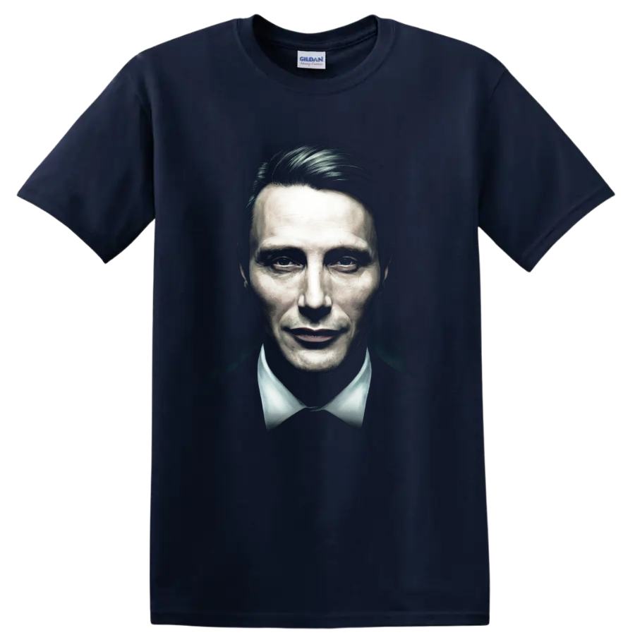 Hannibal Lecter dark painted portrait graphic print on a Navy (Blue) T Shirt