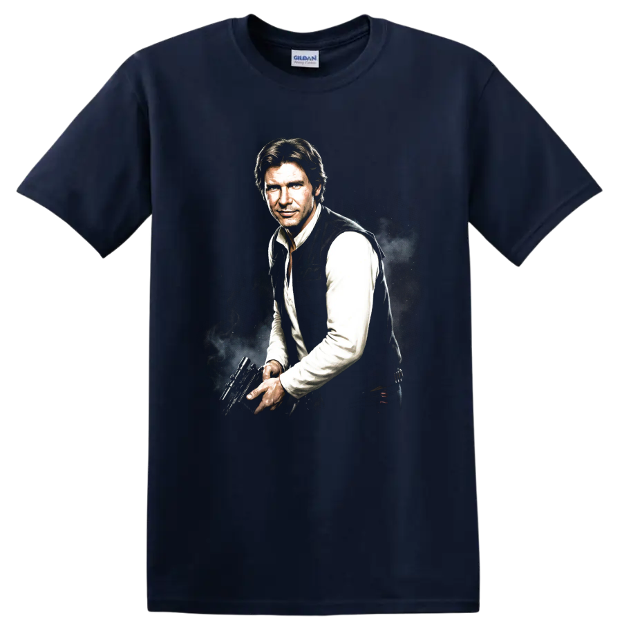 Han Solo Star Wars character portrait with blaster, cinematic graphic art on a Navy (Blue) T Shirt