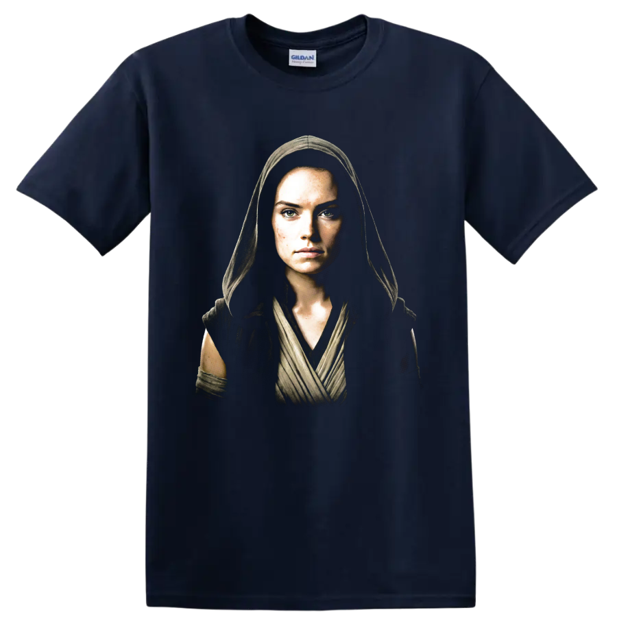 Rey Skywalker hooded Star Wars movie portrait graphic on a Navy (Blue) T Shirt