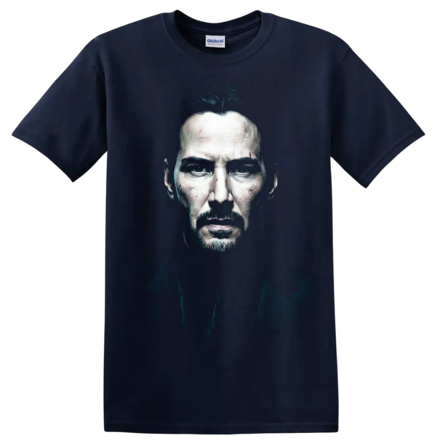 John Wick Keanu Reeves dark cinematic portrait graphic print on a Navy (Blue) T Shirt