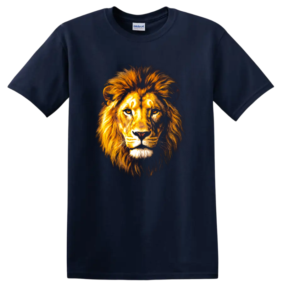 Mufasa lion portrait graphic print with a flowing golden mane on a Navy (Blue) T Shirt
