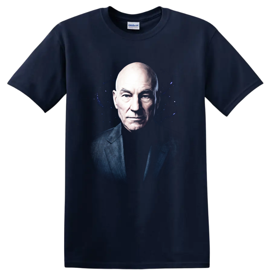 Patrick Stewart portrait with a dark cosmic blue galaxy graphic background on a Navy (Blue) T Shirt