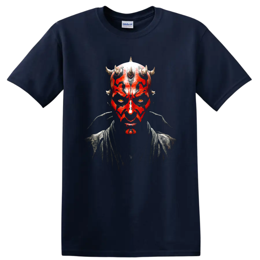 Darth Maul portrait with red and black face paint graphic on a Navy (Blue) T Shirt