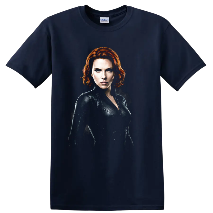 Natasha Romanoff Black Widow dramatic red-haired spy portrait graphic on a Navy (Blue) T Shirt
