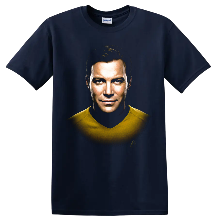 James T. Kirk Star Trek captain portrait graphic on a Navy (Blue) T Shirt