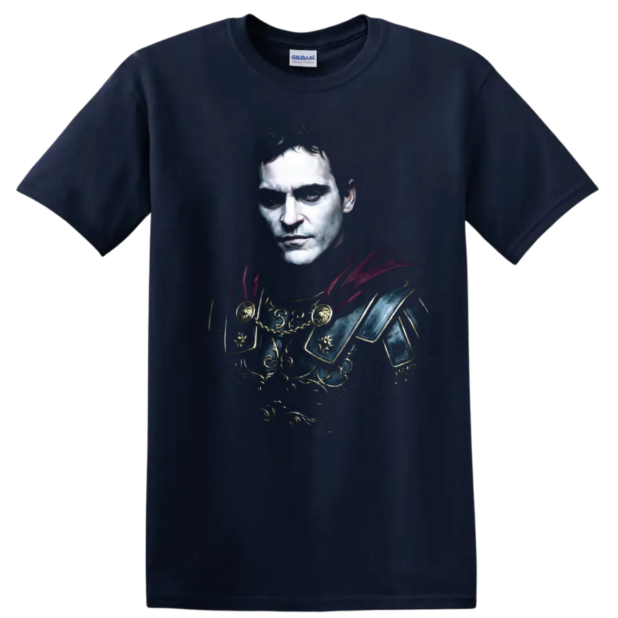 Commodus from Gladiator in ornate Roman armor portrait art on a Navy (Blue) T Shirt