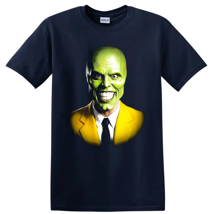 The Mask green face portrait in yellow suit graphic print on a Navy (Blue) T Shirt