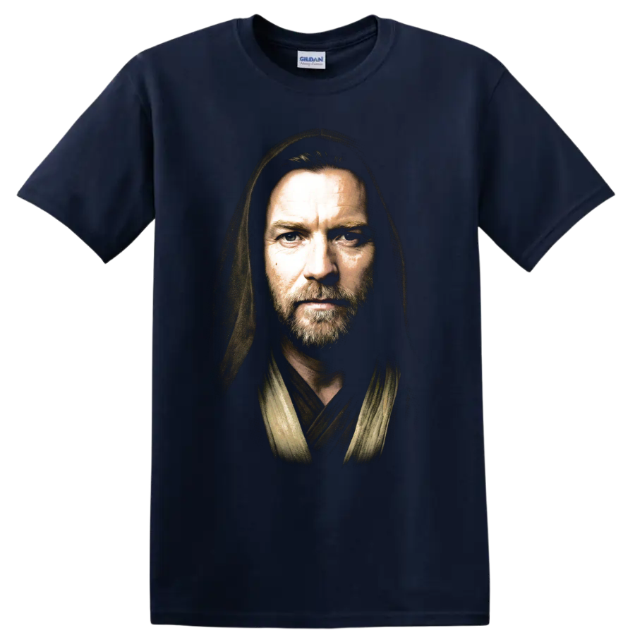 Obi-Wan Kenobi hooded Jedi portrait graphic print on a Navy (Blue) T Shirt