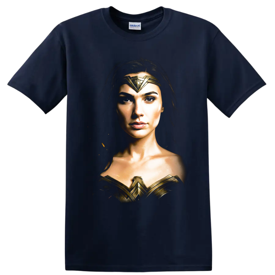 Wonder Woman portrait with gold armor and tiara graphic on a Navy (Blue) T Shirt