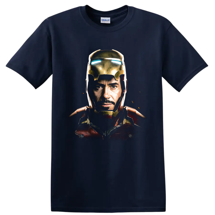 Tony Stark Iron Man armored portrait with glowing blue eyes on a Navy (Blue) T Shirt