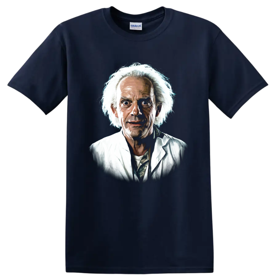 Doc Brown portrait from Back to the Future in a painterly graphic style on a Navy (Blue) T Shirt