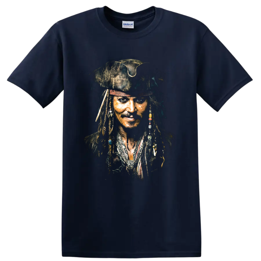 Jack Sparrow pirate captain portrait with dreadlocks and beads on a Navy (Blue) T Shirt