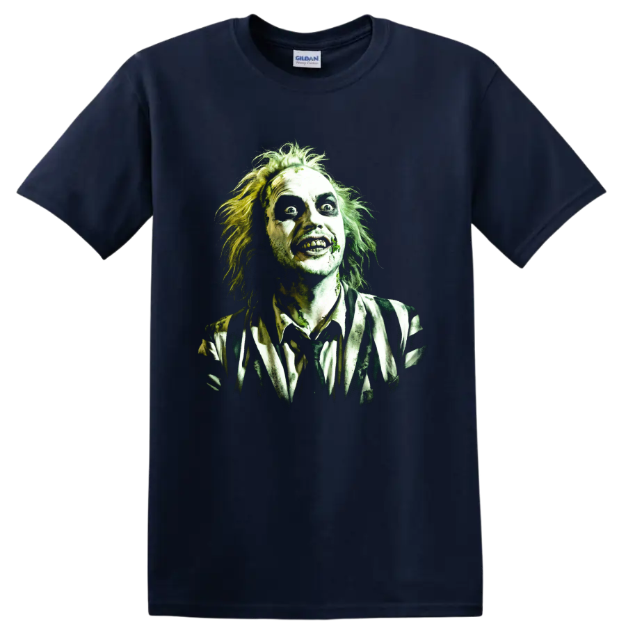 Beetlejuice gothic horror character portrait with wild hair and striped suit on a Navy (Blue) T Shirt