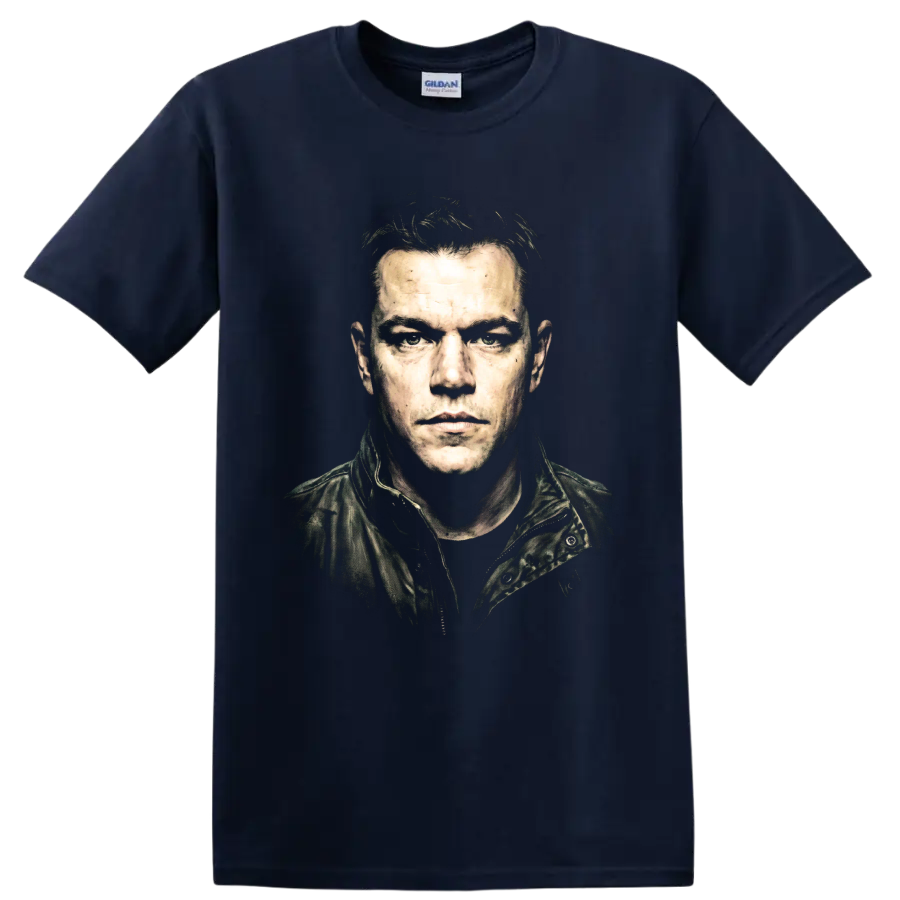 Jason Bourne gritty portrait graphic from the Bourne film series on a Navy (Blue) T Shirt