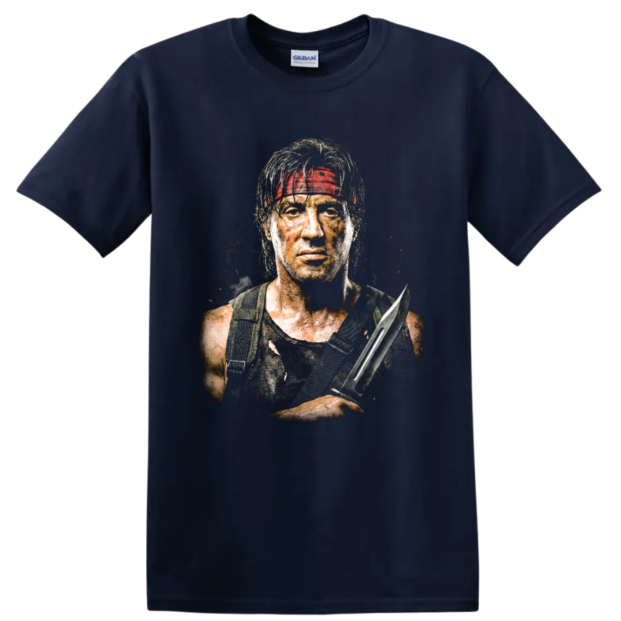 John Rambo portrait with red headband and combat knife graphic print on a Navy (Blue) T Shirt