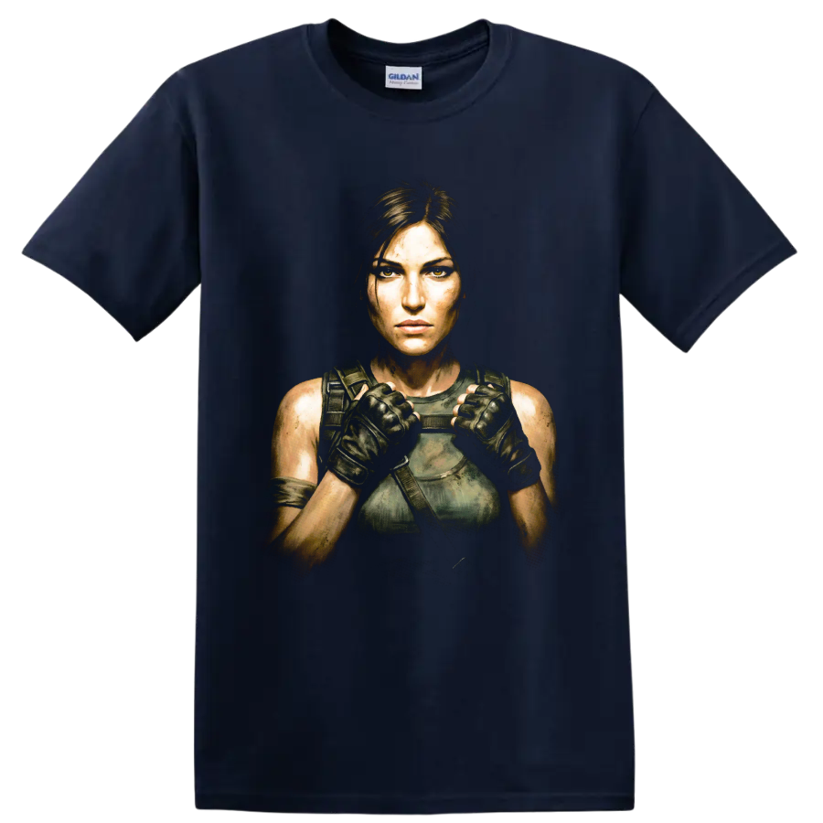Lara Croft tactical adventure portrait graphic print on a Navy (Blue) T Shirt