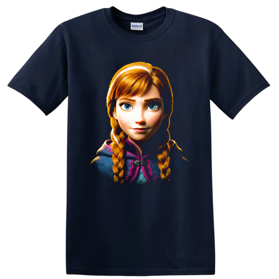 Anna from Frozen portrait with blue eyes and copper-red braided hair on a Navy (Blue) T Shirt