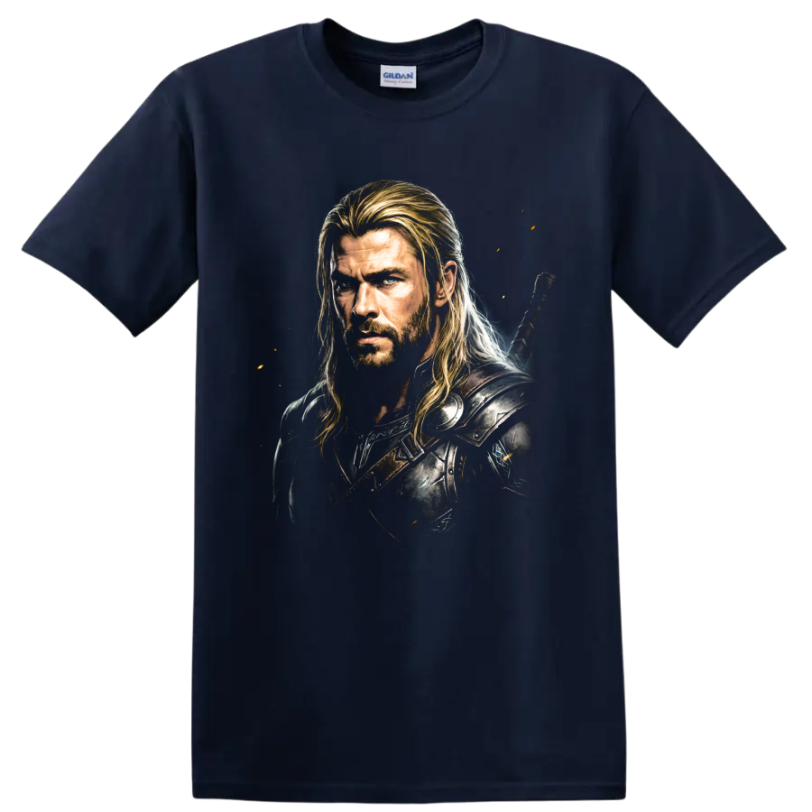 Thor warrior portrait in dark armor with cinematic fantasy artwork on a Navy (Blue) T Shirt