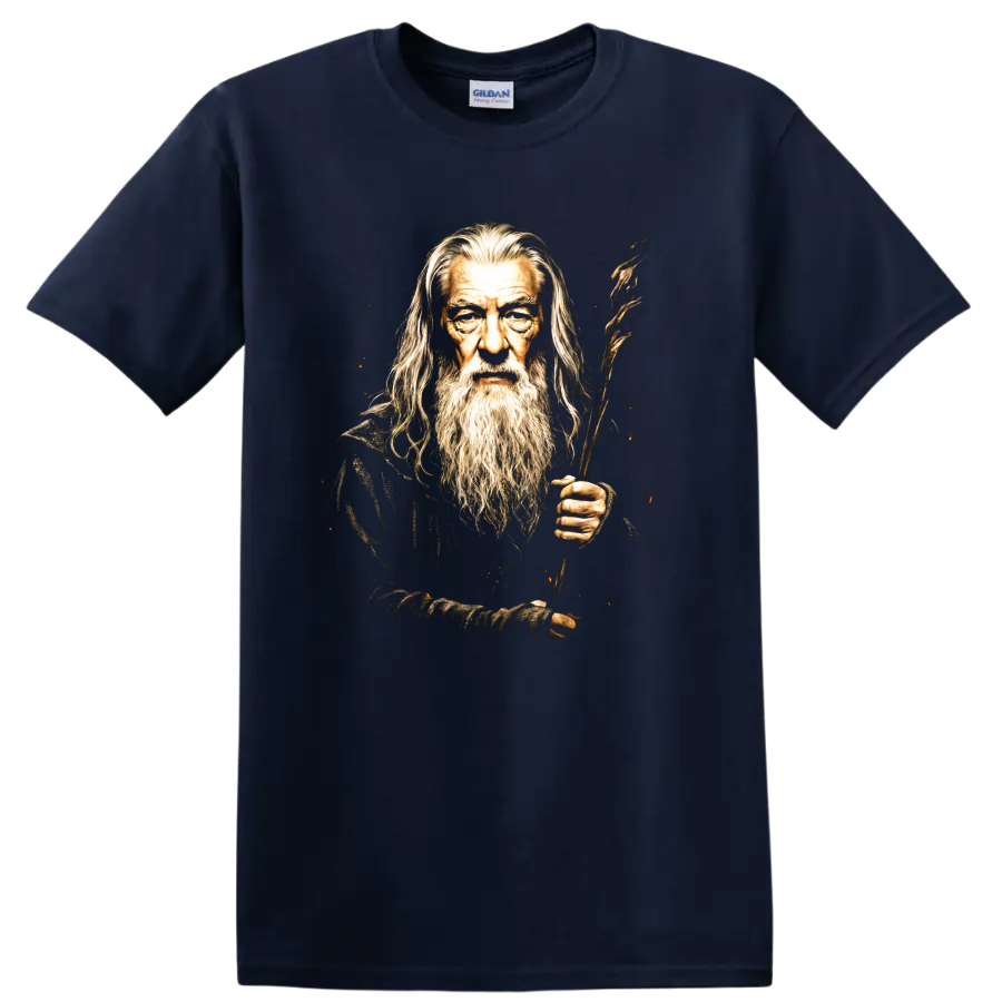 Gandalf wizard portrait with long beard and wooden staff fantasy graphic on a Navy (Blue) T Shirt
