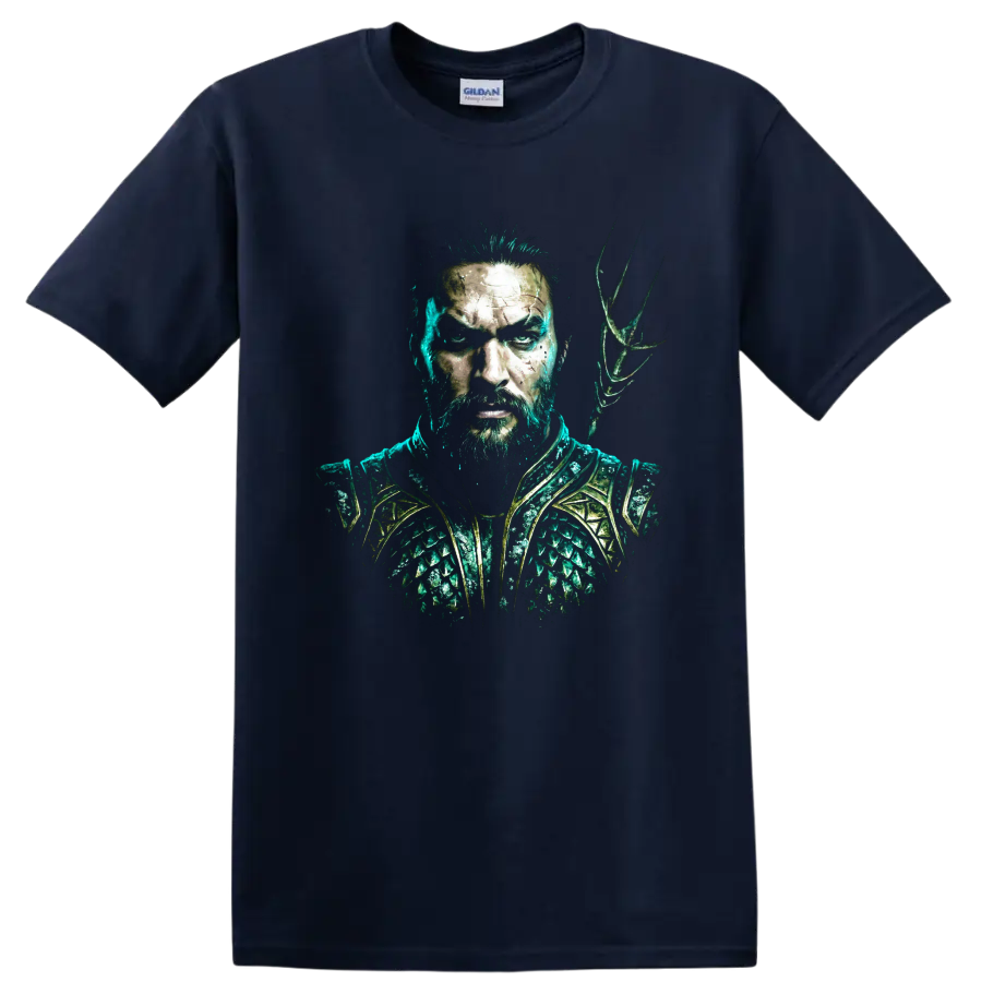 Aquaman comic-style warrior portrait with teal armor and trident on a Navy (Blue) T Shirt