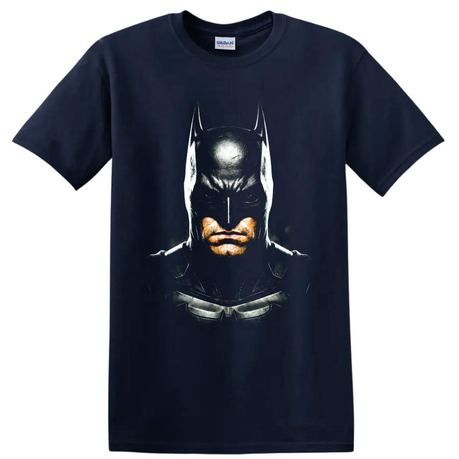 Batman masked vigilante portrait in gritty comic graphic style on a Navy (Blue) T Shirt