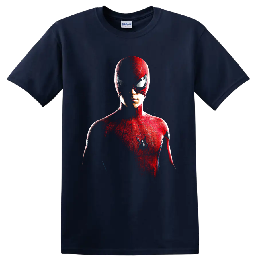 Spider-Man red masked portrait graphic with web details and spider emblem on a Navy (Blue) T Shirt