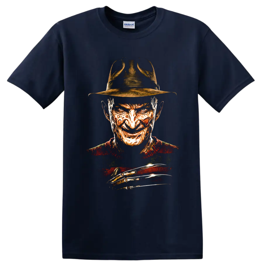 Freddy Krueger horror portrait with fedora and razor glove graphic on a Navy (Blue) T Shirt