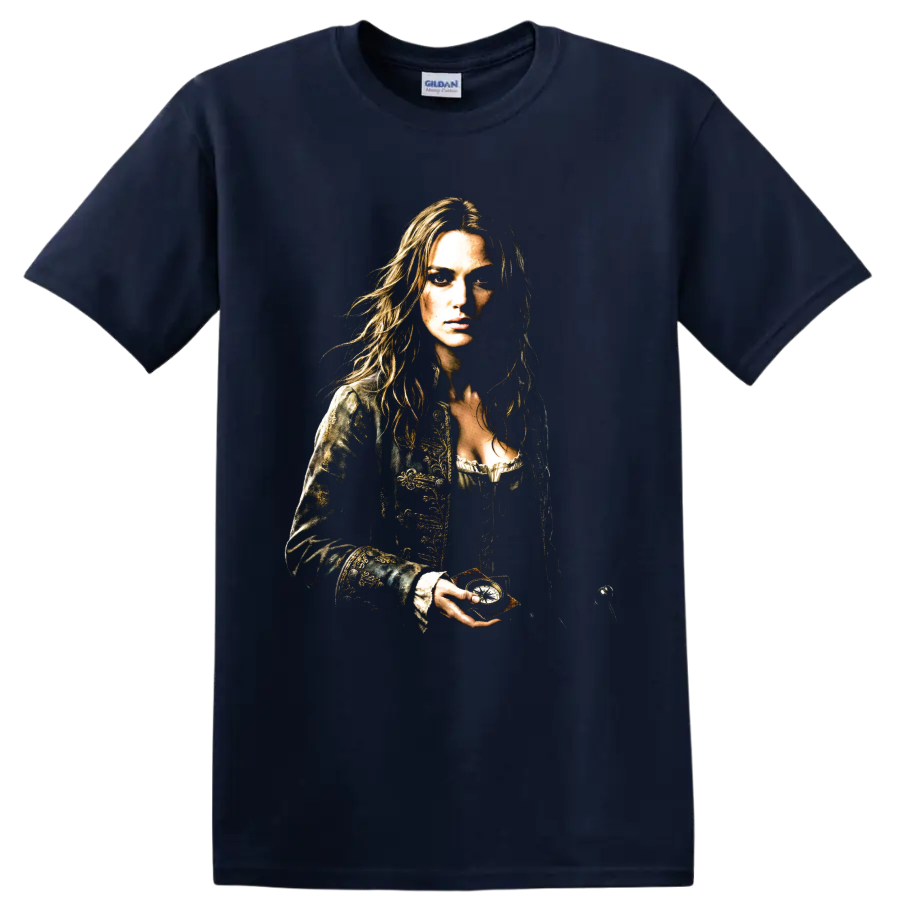 Elizabeth Swann pirate heroine portrait with ornate coat and dramatic shading on a Navy (Blue) T Shirt
