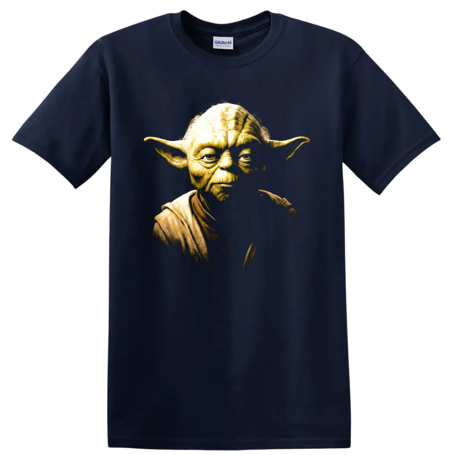 Yoda Star Wars portrait graphic with dramatic golden-green cinematic shading on a Navy (Blue) T Shirt