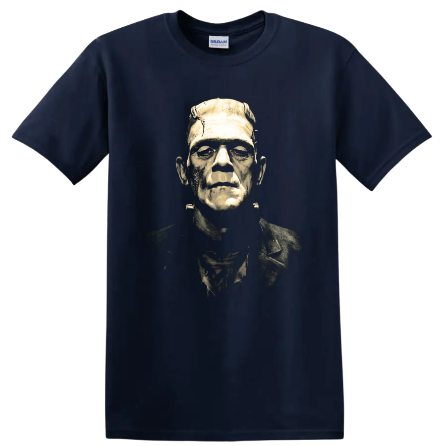 Frankenstein's Monster distressed gothic horror portrait on a Navy (Blue) T Shirt