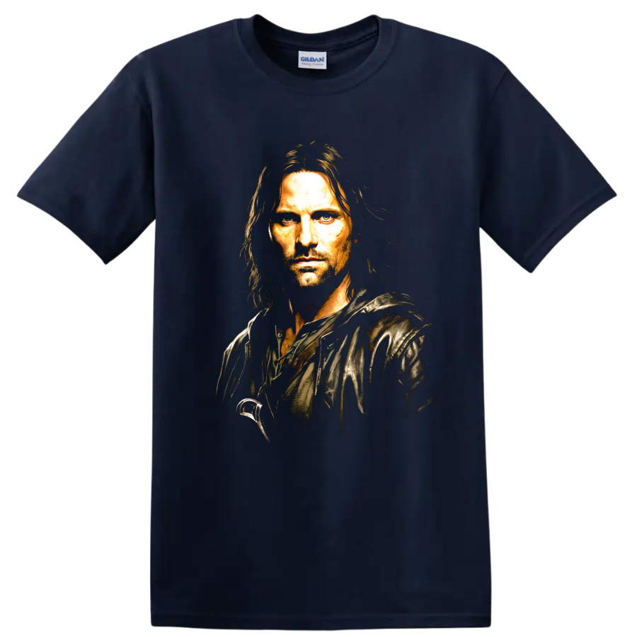 Aragorn fantasy ranger portrait graphic from The Lord of the Rings on a Navy (Blue) T Shirt