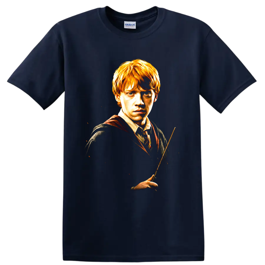 Ron Weasley wizard wand portrait graphic print on a Navy (Blue) T Shirt