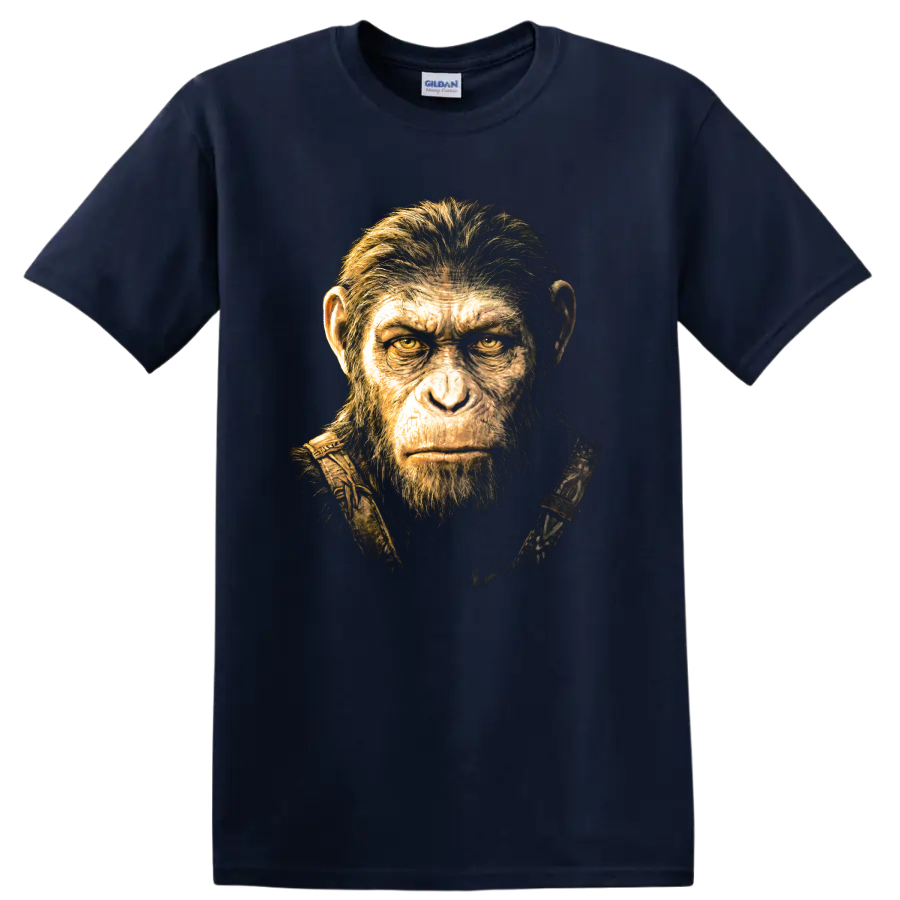 Caesar from Planet of the Apes cinematic ape portrait graphic on a Navy (Blue) T Shirt