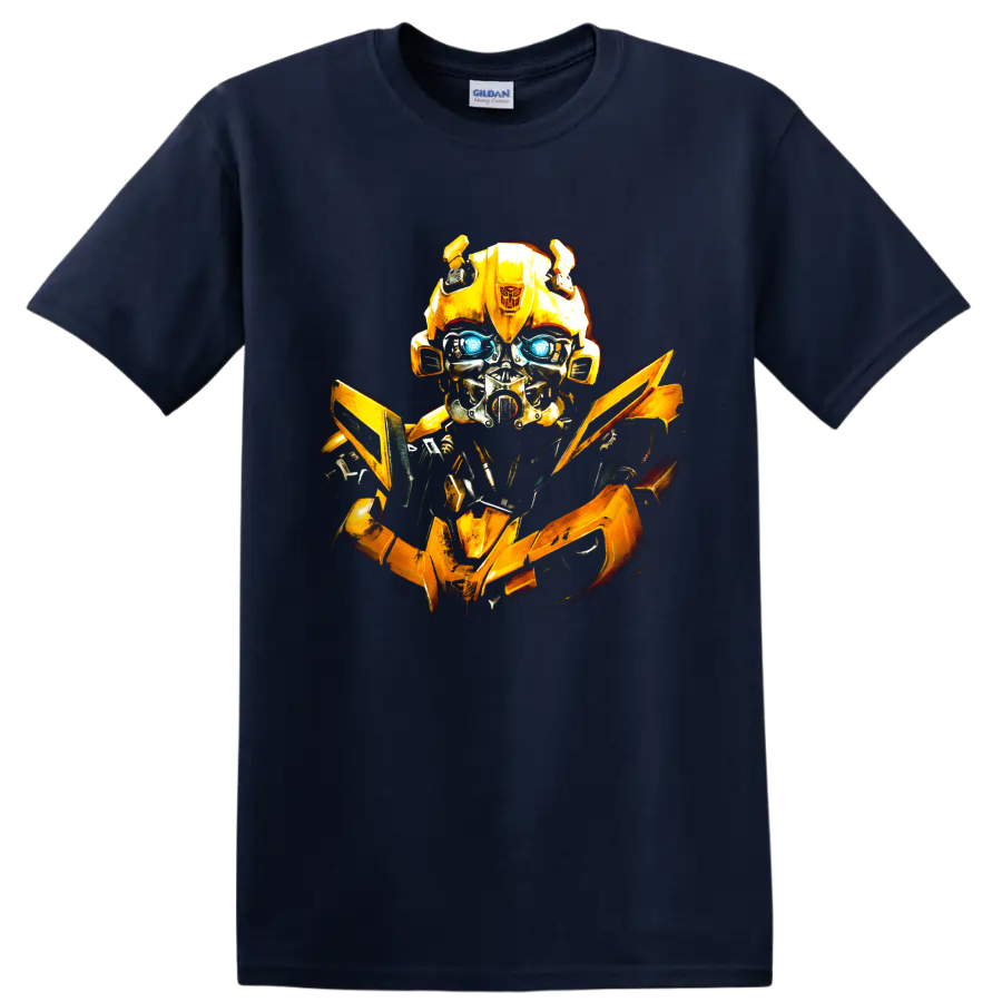 Bumblebee yellow robot graphic with glowing blue eyes on a Navy (Blue) T Shirt