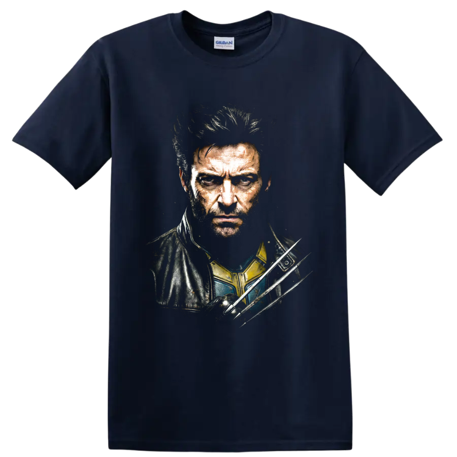 Gritty Logan Wolverine portrait with three extended claws on a Navy (Blue) T Shirt