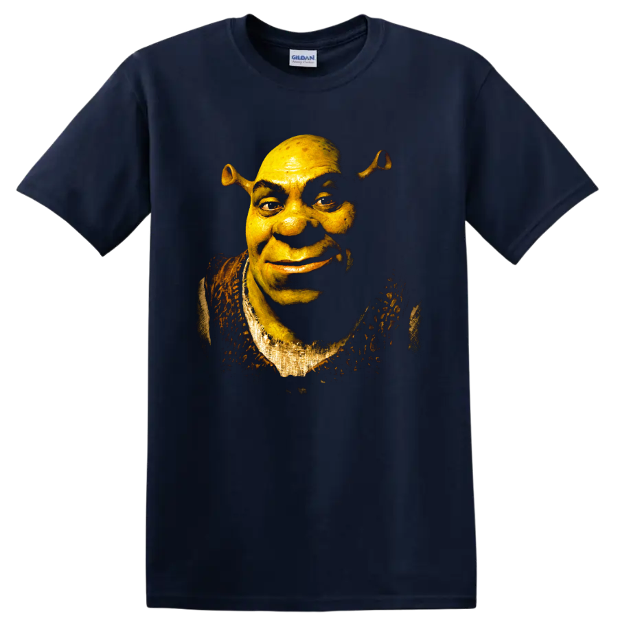 Shrek green ogre close-up portrait in dark fantasy graphic style on a Navy (Blue) T Shirt