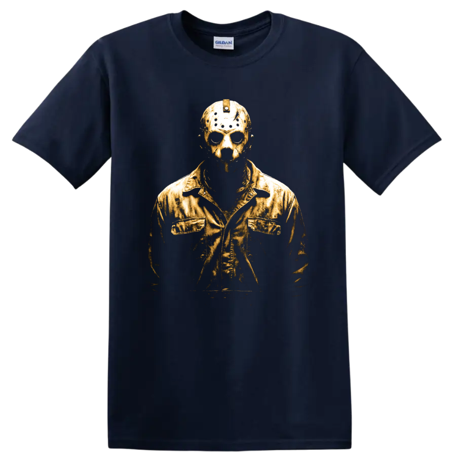 Jason Voorhees distressed gold masked portrait graphic on a Navy (Blue) T Shirt