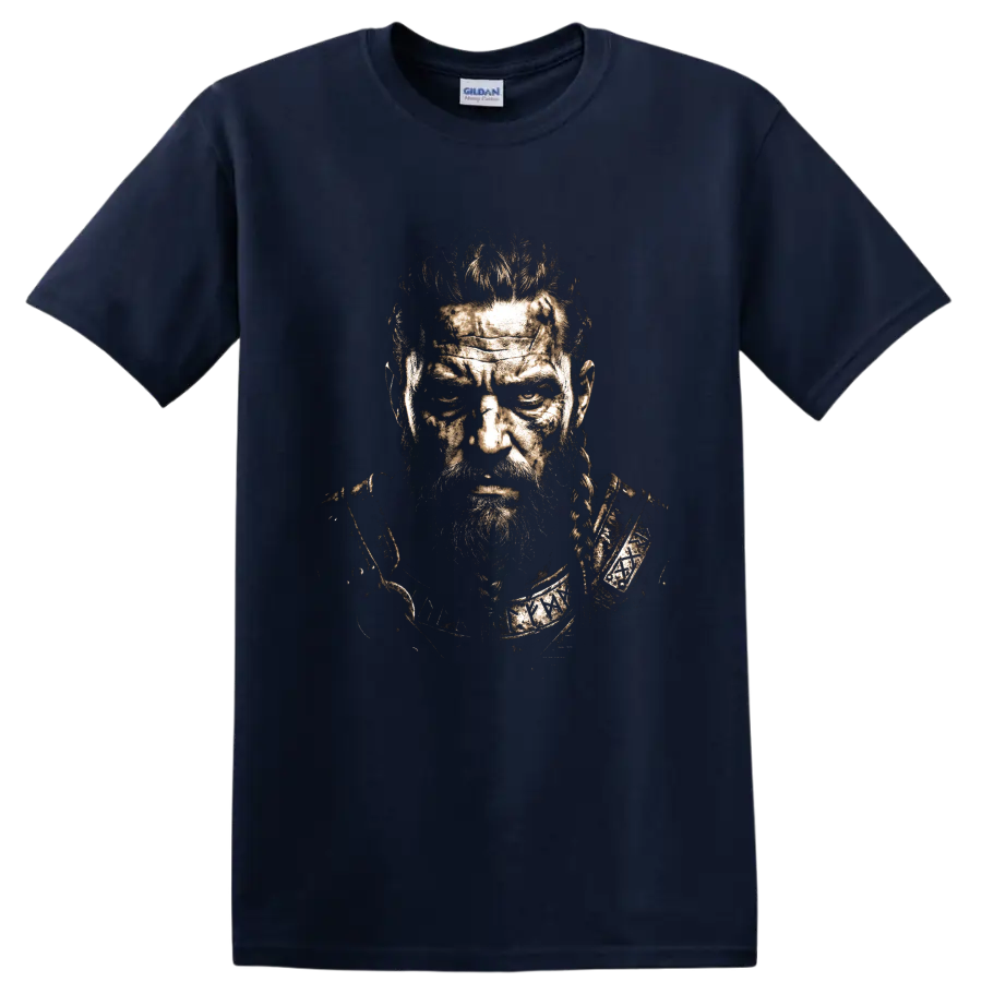 Ragnar Lothbrok distressed Norse warrior portrait graphic on a Navy (Blue) T Shirt