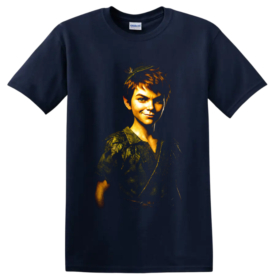 Peter Pan fantasy forest boy portrait graphic print on a Navy (Blue) T Shirt